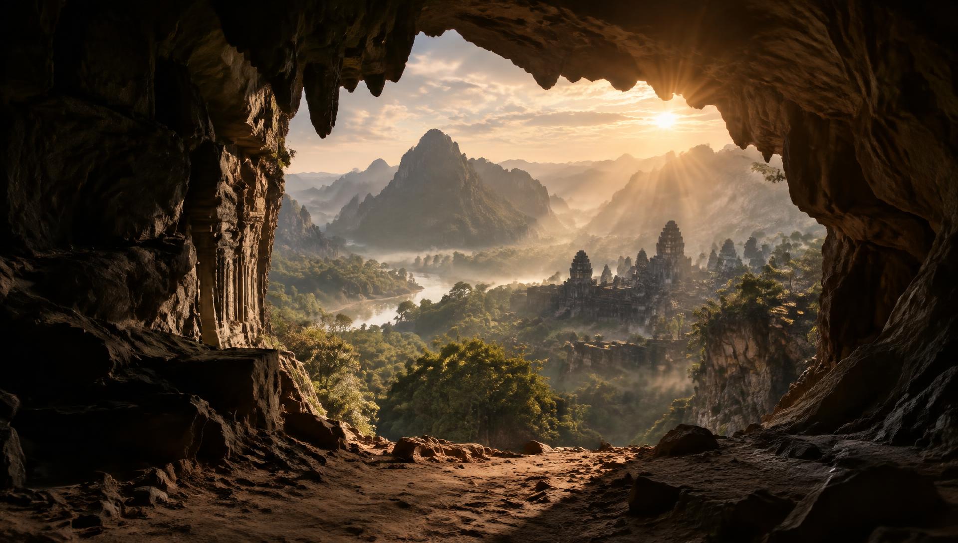 Ancient cave opening onto a misty valley of temples
